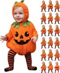 Baby Halloween Costume Infant Pumpkin Costume 2 Piece Cute Long Sleeve Hooded Romper with Zipper and Striped Tights Footed Leggings Outfit Trick or Treat for Carnival Birthday Newborn 0-24 Months