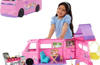 Barbie Dream Camper Playset, featuring Camping Accessories with Roof Tent, Swing Chair, Fishing Pond, BBQ Grill with Color-Change Feature & 60 Accessories Including Dough, HRJ78