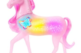 Barbie Sparkle Lights Toy Unicorn with 20 Interactive Combos of Lights, Sounds & Music, Press Buttons & Pet Head to Play