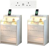 Bedside Table Set of 2 with Charging Station,High Gloss Bedside Cabinet with LED Lighting,Modern Side Sofa Table with 3 Drawers and Glass Shelf,Nightstand for Bedroom,Living Room,White