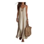 Beige Summer Maxi Dress Spaghetti Strap Sleeveless A-Line with Pockets