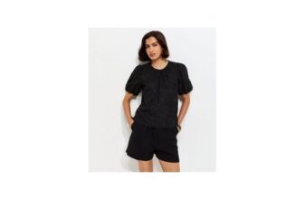 Black Floral Embroidered Puff Sleeve T-Shirt