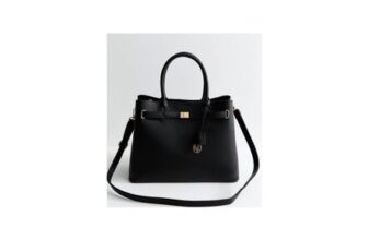 Black Textured Faux Leather Belted Tote Bag
