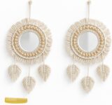 Bohemian Macrame Wall Mirror Set, Round, with Wooden Beads, Handmade Decor for Bedroom and Living Room, 2 Pack
