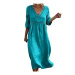 Boho Summer Dress for Women, 3/4 Sleeve, Cotton-Linen, Blue
