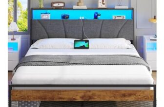Brinlawb King Bed Frame with Charging Station, LED Lights, Shelves