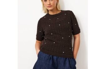 Brown Embellished Stitch Detail Knitted T-Shirt