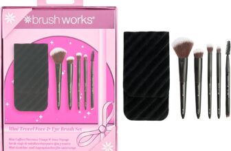 Brushworks Mini Travel Face & Eye Brush Set 5 Piece Makeup Brush Kit with Velvet Storage Pouch, Soft Synthetic Bristles, Vegan Brushes for Liquid, Cream & Powder