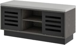 COSTWAY Cubby Shoe Bench, 2-Tier Shoe Storage Rack with 6 Storage Compartments, 3 Adjustable Shelves & 2 Sliding Doors, Entrance Shoe Cabinet for Hallway Bedroom Living Room (Grey Dark Grey)