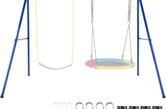 COSTWAY Metal Swing Stand for 2 Swings, A-Frame with Ground Stakes, Carabiners & Foot Caps (YellowNavy)