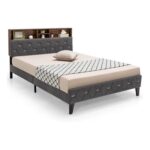 COSTWAY Upholstered Platform Bed with Storage Headboard and Slat Support