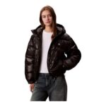 Calvin Klein Womens Shine Puffer Jacket with Hood, Black, XL