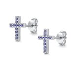 Cangall Silver Cross Stud Earrings with Sapphire CZ