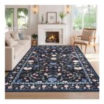 Caromio Floral Rug 200×290 Cm, Washable, Low Pile, DarkGreyBlue