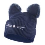 Cat Ears Beanie Hat with Faux Fur Pom Womens Wool