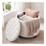Ckaff 48cm round Storage Ottoman Padded, Removable Lid, Ivory White