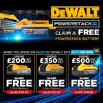 Claim a FREE Dewalt PowerStack Battery when you spend £200 (Inc Vat) on selected Dewalt Kits