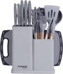 Cooking Utensils Set with Chopping Board Knife Set with Block Heat Resistant Silicone Utensils with Wooden Handle, Spoons, Ladles & Spatula Kitchen Tools & Accessories 17pcs, Grey by Nuovva