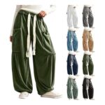 Corduroy Cargo Pants for Women, Straight Leg, Elastic Waist