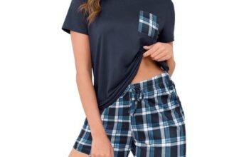 Crewhpo Womens Pajama Set Short Sleeve Plaid Shorts V-Neck