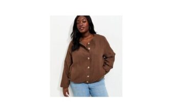 Curves Dark Brown Linen Button through Bomber Jacke