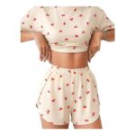 Demegimi Womens Striped Cotton Pajama Set, 2-Piece, Short Sleeve, Beige