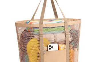 Dntorx Womens Mesh Beach Bag, Lightweight Khaki Tote