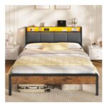 Double Bed Frame 135×190 Cm with LED, Upholstered Headboard, Brown
