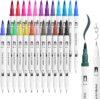 Dual Tip Brush Pens Set Of 24 Coloured, Colouring Pens brush pens,Fine Tip 0.4mm and Watercolour Brush Tip 1-2mm, Coloured drawing pens for ArtistsBeginners