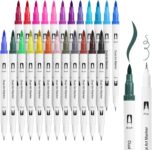 Dual Tip Brush Pens Set Of 24 Coloured, Colouring Pens brush pens,Fine Tip 0.4mm and Watercolour Brush Tip 1-2mm, Coloured drawing pens for ArtistsBeginners