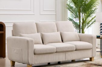 EBELLO 3 Seater Sofa, Corduroy Couch with Solid Wood Frame,White 16cm thick high density foam, removable machine-washable covers, solid wood frame, easy assembly, UK fire safety compliant.