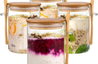 Eidoct 4-Pack Overnight Oats Containers with Wooden Lids and Spoon 16 oz Overnight Oats Jars, Glass Food Storage Container for Oatmeal, Chia Pudding, Yogurt, Salad, Cereal