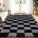 Enyhom Shaggy Checkered Rugs Living Room 160×230 cm, Black Grey, Washable