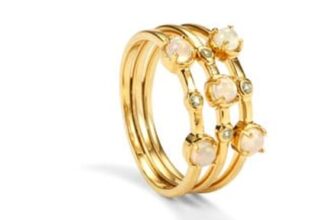 Ethiopian Opal & Jilin Peridot Stacker Ring in Gold Plated Sterling Silver