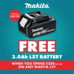 FREE 3.0Ah 18V Battery when you spend £250 (Ex VAT) on Makita LXT Tools