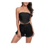 Famulily Ladies 2-Piece Strappy Crop Top and High-Waist Shorts Black