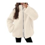 Fleece Jacket Women Casual Winter Warm Zip Hoodie White L