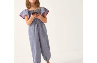 Floral Embroidered Gingham Jumpsuit Blue