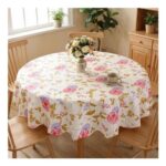 Floral round Tablecloth 135cm, Wipeable Waterproof Polyester, Pink Peony