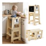 Foldable Toddler Kitchen Tower 2-in-1 Chalkboard Montessori Stool