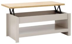 GFW Lancaster Lift Up Coffee Table, Grey and Oak Effect Coffee Table with Hidden Storage and Lower Shelf