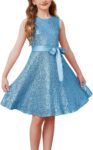 GRACE KARIN Girls A-Line Sequin Party Dress Round Neck Sleeveless Dress with Bow