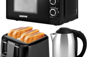 Geepas Electric Kettle 4 Slice Bread Toaster & Microwave Kitchen Set 1500W 1.8L Cordless Jug Kettle 1400W Toaster with 6 Level Browning Control 700W Solo Manual Dial Microwave 20L Stylish Set