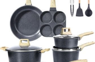 GiPP Pots and Pans Set Non Stick – 17PCS Granite Kitchen Cookware Sets Nonstick Induction Cookware Non-Toxic Cooking Pan Set with Silicone Spatula & Spoon, PFOS & PFOA Free(Grey,17PCS)