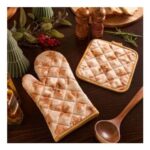 Gingerbread Print Oven Mit & Pot Stand Set – Brown