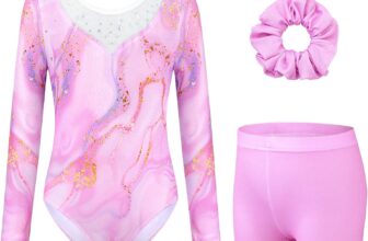 Girls 3-Piece Gymnastics Leotard Set with Shorts & Hairband for 3-12 Years Sparkly Gradient Color Sequins Mesh Neck Long Sleeve Gymnastics Set, Outfit for Gymnastics, Dance, Ballet, Athletic, Practice