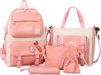 Girls Backpack Set,Girls School Bag,Single Layer Canvas Cute Backpack,Tote Bag,Pen Bag,Crossbody Bag,Kids Kawaii Backpack,Casual Daily Back Pack(Pink)