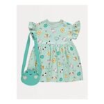 Green Cartoon Frog Frill Sleeve Dress and Bag Outfit