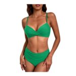 Green High-Waisted Two-Piece Bikini, Padded, V-Neck, Tummy Control, Size L