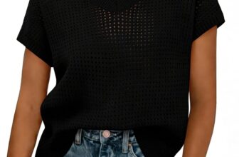 Gyabnw Womens Crochet Knit Top Cap Sleeve Loose Fit Summer Casual Wear Crochet knit texture, V neck, cap sleeves, hollow out mesh design, for summer days and casual outfits